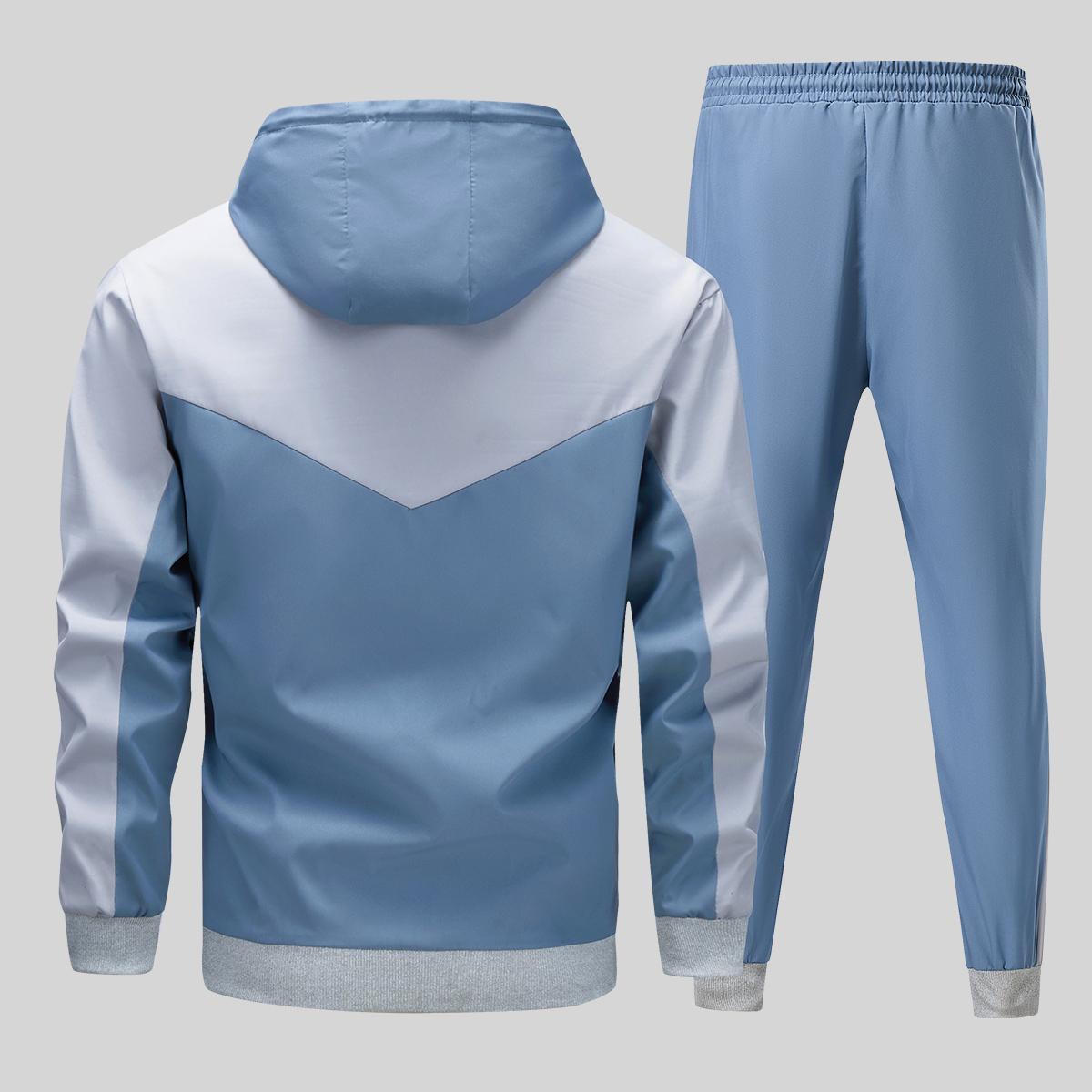 Men's Colorblock Casual Hooded Jacket & Jogger Pants Set Machine Washable Trendy All Season Outfit Regular Fit for Daily Leisure Sport Menswear Long Sleeve Clothes Suits.