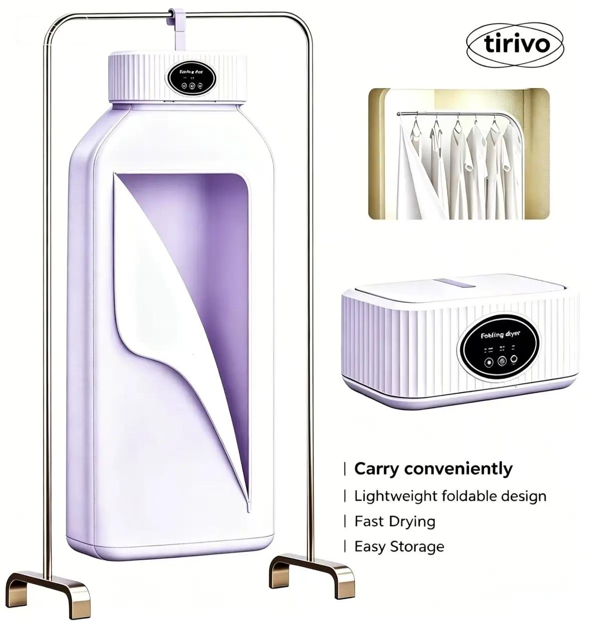 TIRIVO Cordless Remote Control Portable Clothes & Shoe Dryer - Mini Foldable (Mini Sized Products), 45dB Silent Mode, 600W, 8-Hour Timer, Drying Bags, LED Display, Odor Removal, Ideal for Apartments, Travel, Birthday Gift, Housewarming Gift
