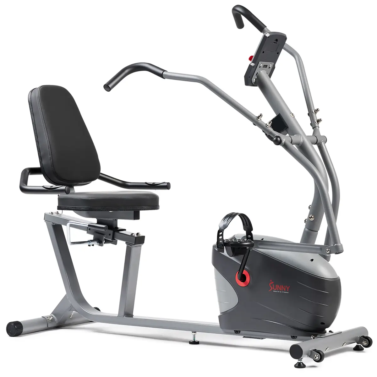 Sunny Health & Fitness Recumbent Exercise Bike with Arm Motion Handles, Home Gym Workout Fitness Cardio, Indoor Stationary Bicycle, Full-Body Motion, 8 Adjustable Magnetic Resistance Levels, Built-In Pulse Sensors & Performance Monitor, 265 lbs Capacity