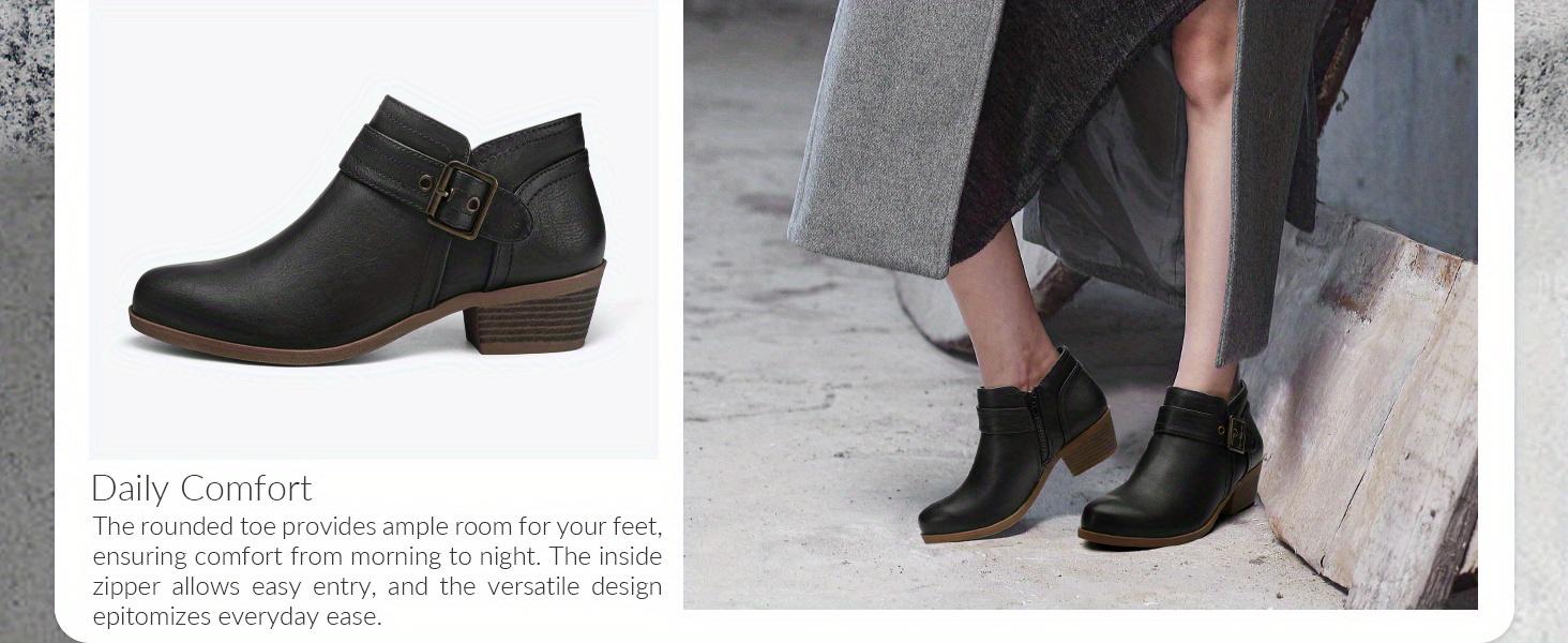Comfortable Round-Toe Ankle Boots for Women with a Low Chunky Stacked Heel And Side Zipper.