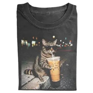 Vintage Cool Cat Iced Coffee T-Shirt, Funny Cat Drinking Coffee Graphic Tee, Aesthetic Street Style Cat Tee, Retro Night Vibes Animal Shirt, Trending Cat Lover Tee, Graphic Tee Gift for Men, Gift for Women,