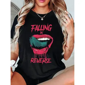 A Visually Striking Graphic Print of Falling in Reverse, Short Sleeve Crew Neck Casual Top for Summer & Spring, Women's Clothing