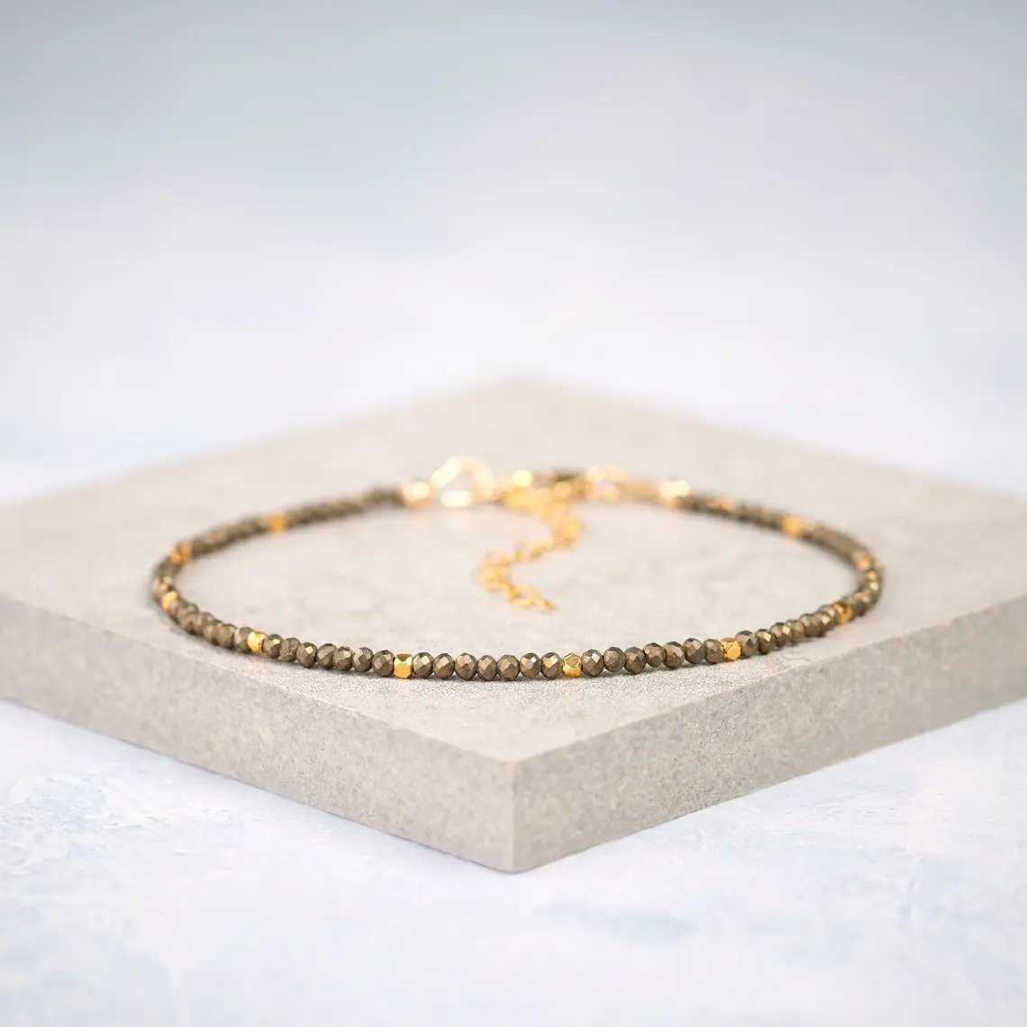 Sofia Natural Pyrite Crystal Dainty Bracelet 2mm Smoky Quatyz Crystal Braided Bracelet Minimalist Style for Daily Use Gift for her, Christmas Gift, Xmas Gift