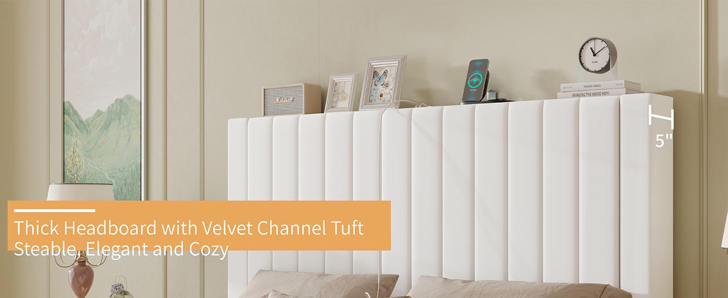 AMERLIFE Bed Frame Velvet Upholstered Tufted Headboard with Charging Station, Mattress Foundation, Box Spring Optional