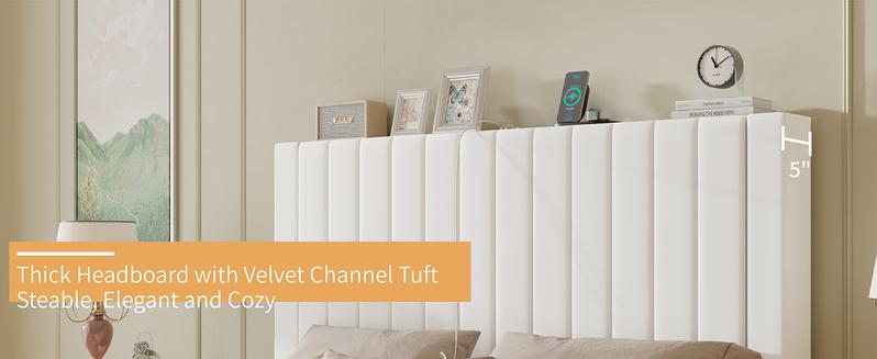 AMERLIFE Bed Frame Velvet Upholstered Tufted Headboard with Charging Station, Mattress Foundation, Box Spring Optional