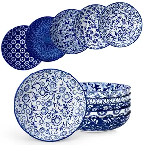 vancasso Selene 8.5" Pasta Bowls Set of 6, 40oz Porcelain Salad & Serving Bowls, Blue White Floral, Microwave Safe
