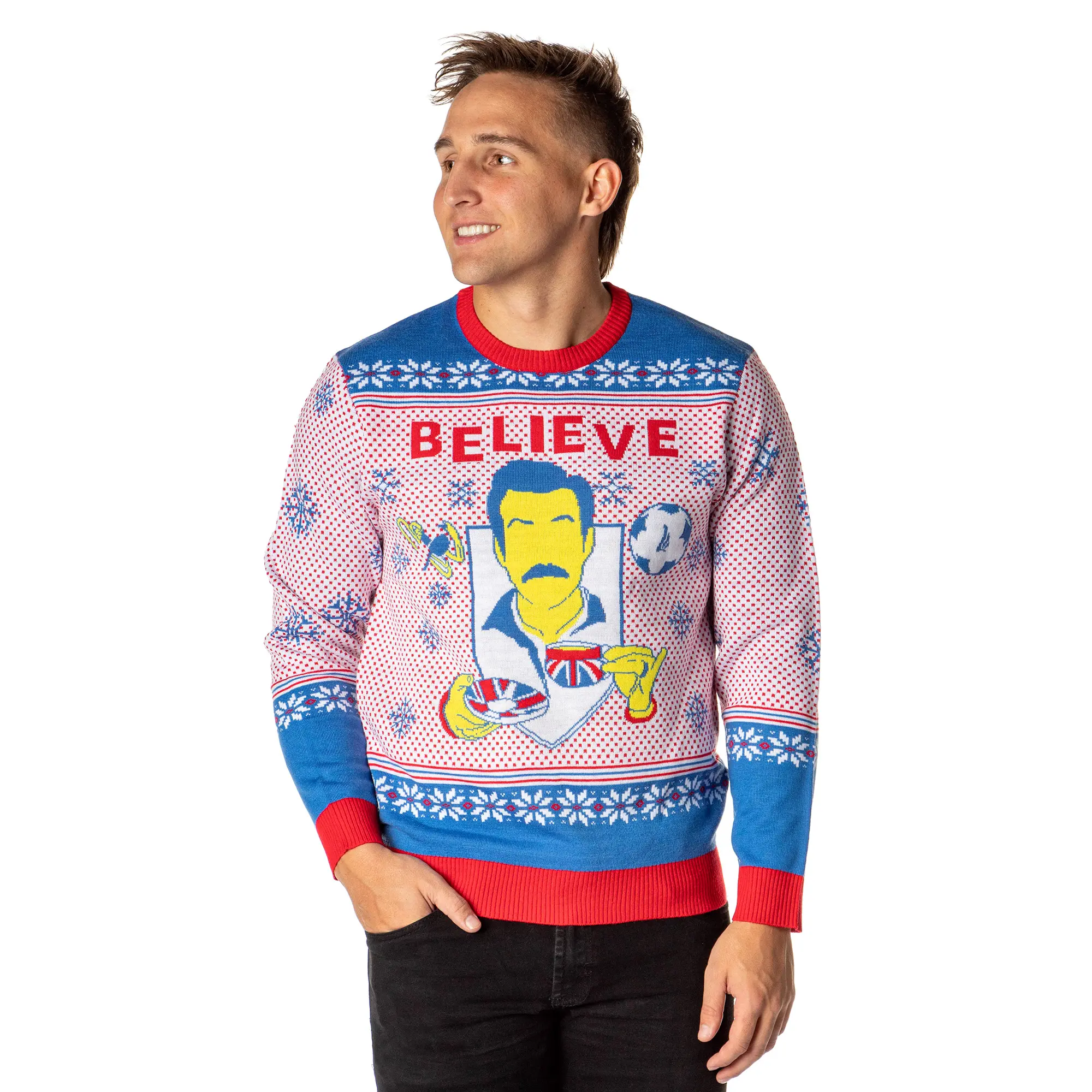 Ted Lasso Men's Believe Minimalist Fair Isle Ugly Sweater for Christmas Knit Pullover