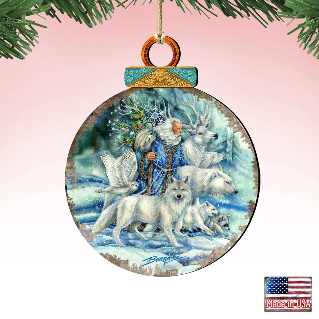 Designocracy 8591862-JB-S2 UV-Coated Artistic Lightweight Wooden Christmas Ornaments - 5x5.5 in Cool Winds Father Winter Wildlife Decor, Outdoor-Safe Festive Home Gift Set of 2 (With Gift Bag) for Home Supplies