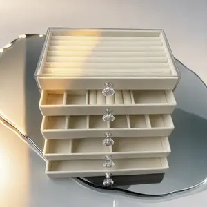 5-Layer Drawer Type Jewelry Organizer with Removable Dividers, Clear Lid Velvet Jewelry Tray, Luxury Desktop Jewelry Storage Box for Rings Earrings Studs Necklaces Bracelets, Multi-Compartment Jewelry Display Case