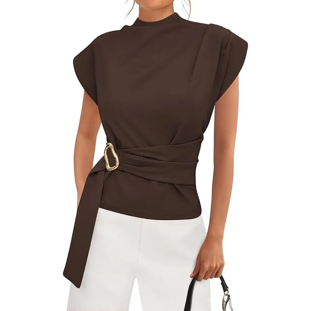PrettyGarden Women Blouses Spring Dressy Cap Sleeve Mock Neck Work Shirts Buckle Tunic Summer Business Casual Tops