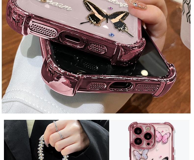 Five Butterflies Pattern Women's Phone Case for iPhone 11/12/13/14/15/16/17 Pro Max, Pink Chrome Alloy Frame Reinforced Corner Protection Protective Phone Cover