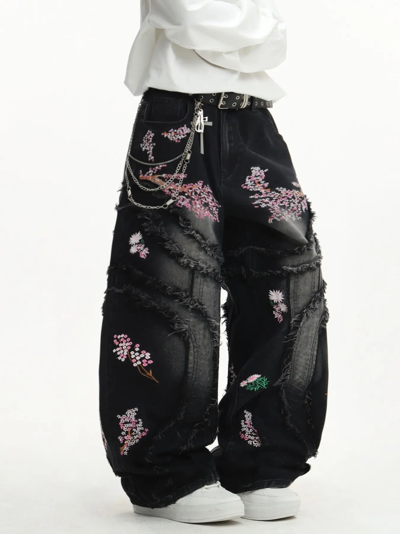 Vintage Retro Design Jeans, Loose-Fit Embroidered Floral Flower Patchwork, Street Style Long Pants for Men, No Belt Included