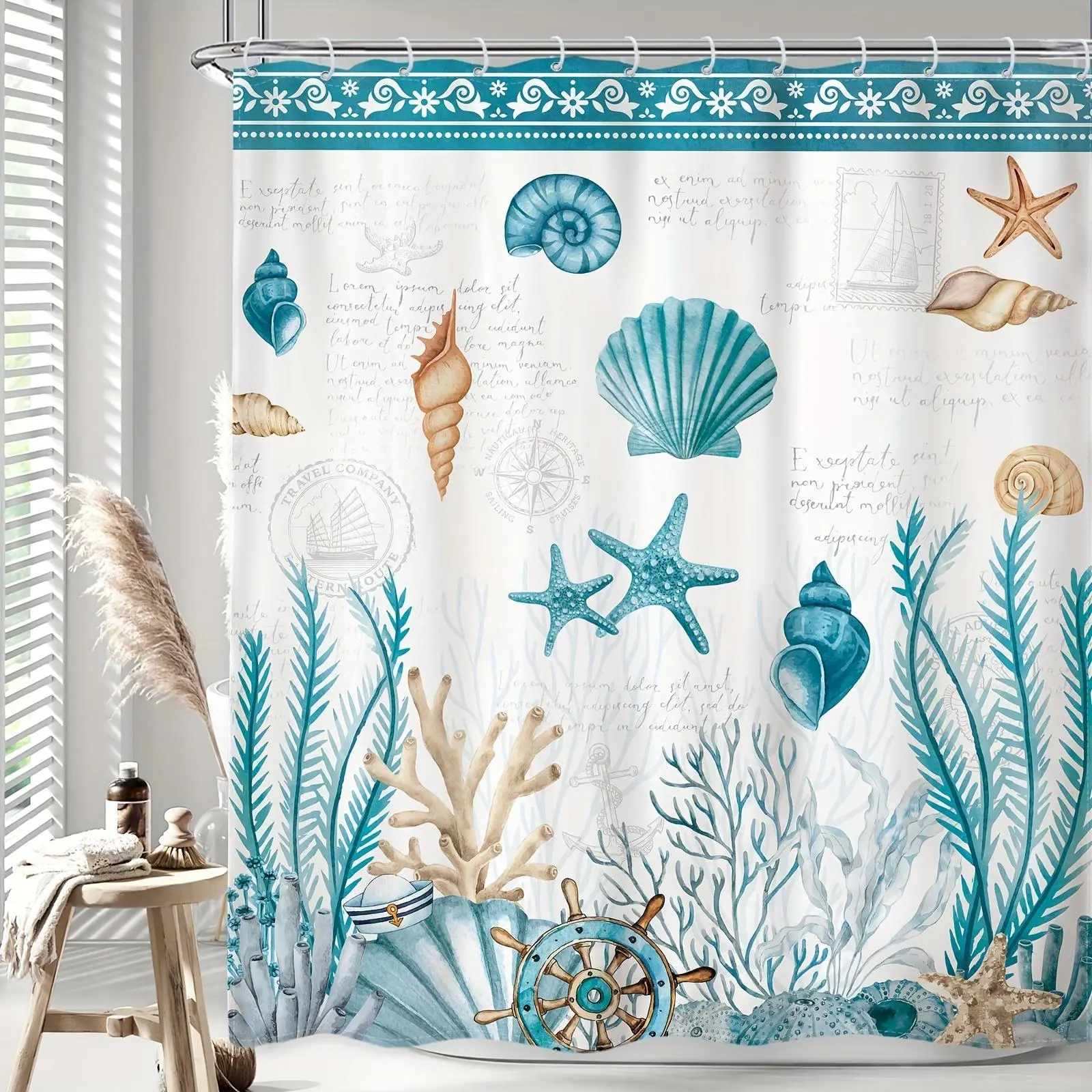 Vintage Teal Polyester Beach Shower Curtain (1pc, Single) - Durable, Waterproof, Dustproof, Geometric Rustic Ocean Nautical Coastal Retro Blue Starfish Seashell Room Accessory with 7 Hooks