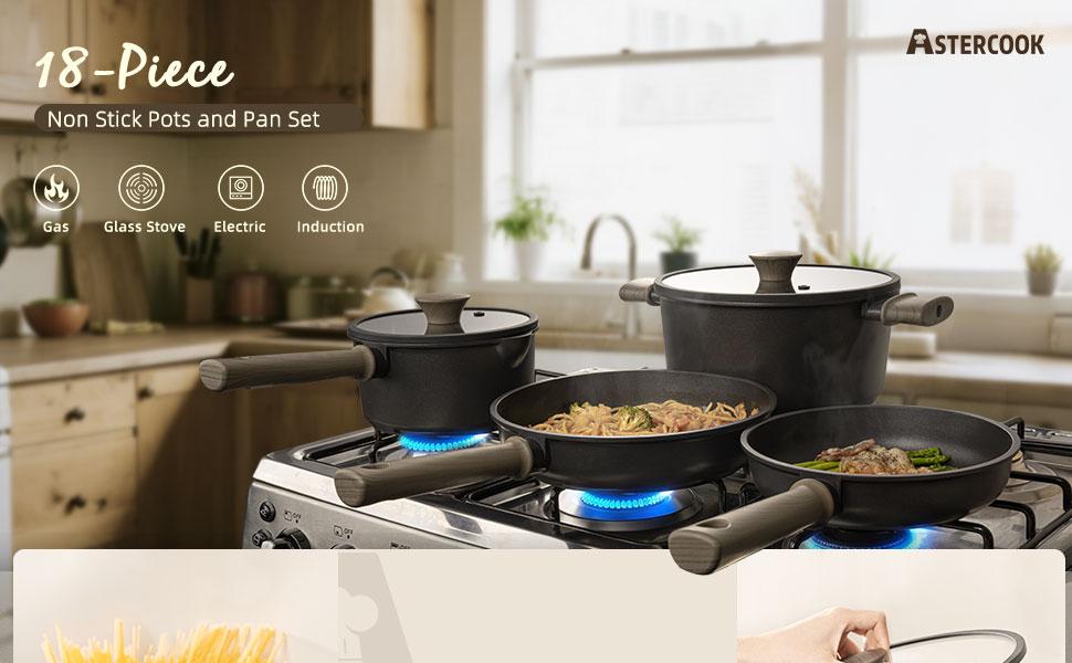 Astercook 18-Piece Non-Stick Pots & Pans Set Induction Compatible Cookware with Wooden Handles for Everyday Home Cooking