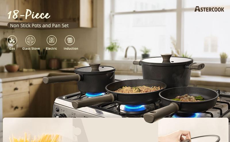 Astercook 18-Piece Non-Stick Pots & Pans Set Induction Compatible Cookware with Wooden Handles for Everyday Home Cooking