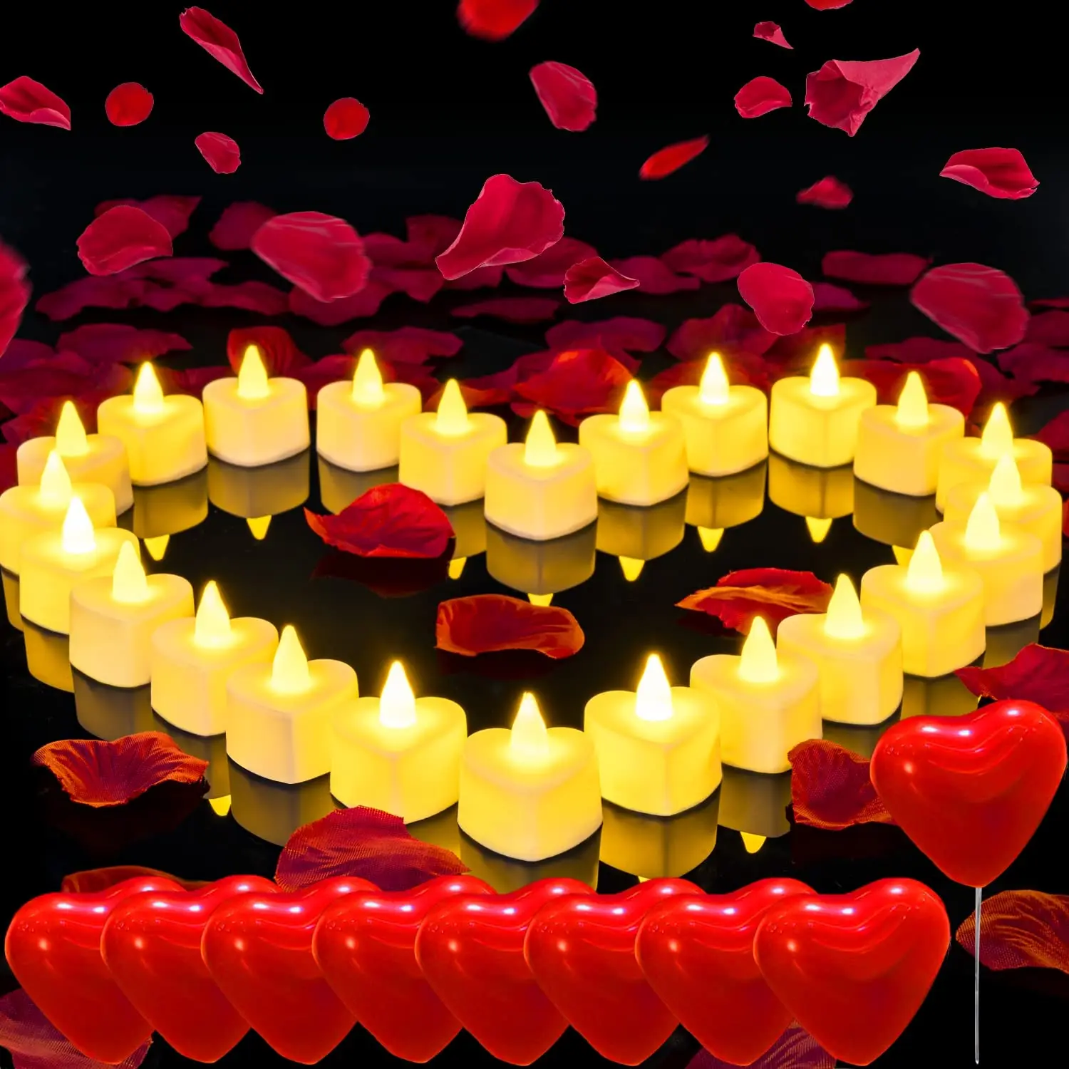 Romantic night Set for her, 1000Pcs Artificial Rose Petals ,30Pcs Burgundy Heart Balloon ,24Pcs Battery  Heart Tea Lights Candles for Romantic Night, Valentine, Wedding, Anniversary Table Decorations halloween decor Bathroom   TikTokShopBackToSchool