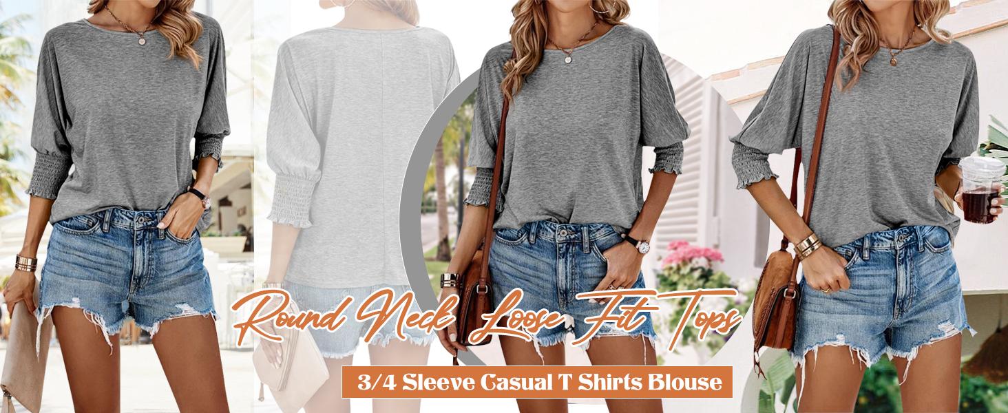 PiePieBuy Women's 3/4 Sleeve Blouse - Solid Color Crew Neck Shirt | Loose Fit Casual Top Basic Comfort Tshirt Crewneck Womenswear Fitted Streetwear casual outfits women PiePieBuy Women's 3/4 Sleeve Blouse - Solid Color Crew Neck Shirt | Loose Fit Casual Top Basic Comfort Tshirt Crewneck Womenswear Fitted Streetwear casual outfits women