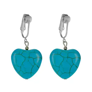 Silver Turquoise Heart Clip On Dangling Earrings