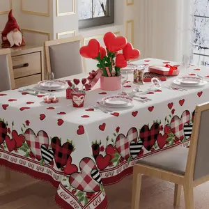 Valentine’s Day Heart And Plaid Tablecloth For Dining Table, Romantic Polyester Table Cover For Home Decor