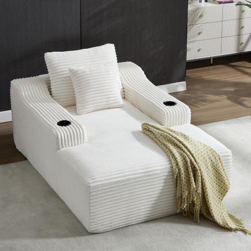 【Bellemave】67" Chaise Lounge Chair 9.9'' Wide Armrest Indoor Corduroy Oversized Sleeper Sofa for Living Room Deep Seat Lounge and Two Soft Pillows Convertible Boneless Sofa Bed, White, No Assembly Required
