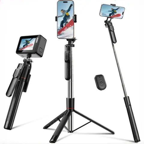 67in Aluminum Alloy Camera Tripod & Vlogging Kit - Adjustable Extendable Detachable Selfie Stick, 360° Rotatable Universal Mount Holder, Wireless Remote for Hands-Free Recording, Compact Foldable for Travel, Tripod for iPhone & Android
