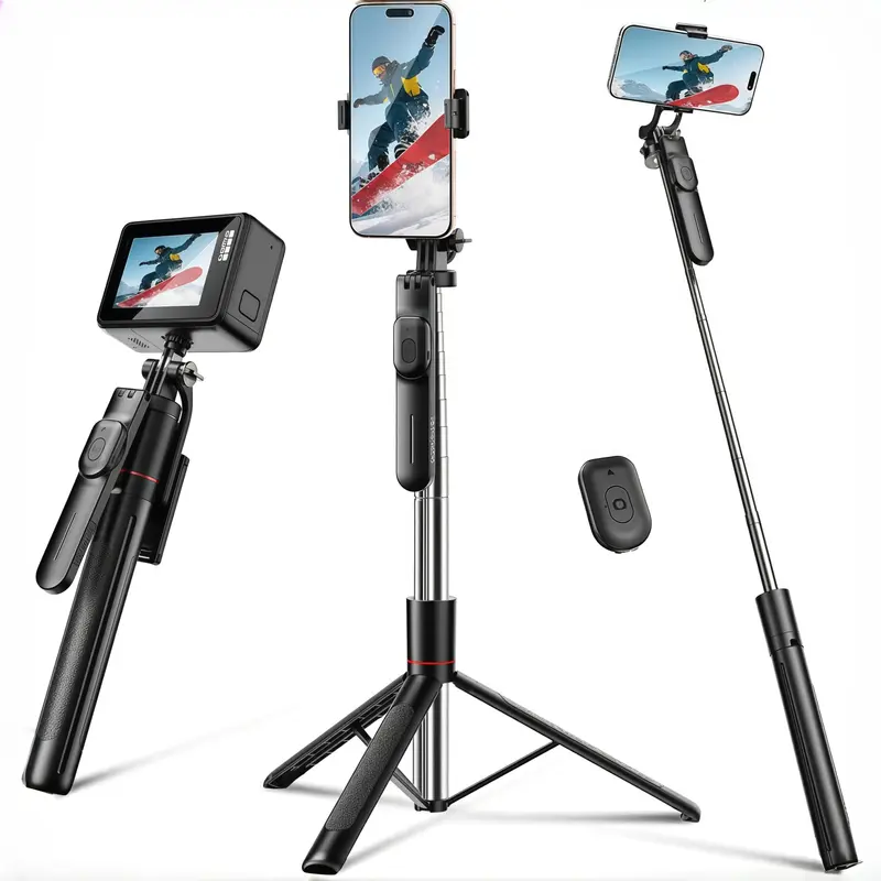 67in Aluminum Alloy Camera Tripod & Vlogging Kit - Adjustable Extendable Detachable Selfie Stick, 360° Rotatable Universal Mount Holder, Wireless Remote for Hands-Free Recording, Compact Foldable for Travel, Tripod for iPhone & Android