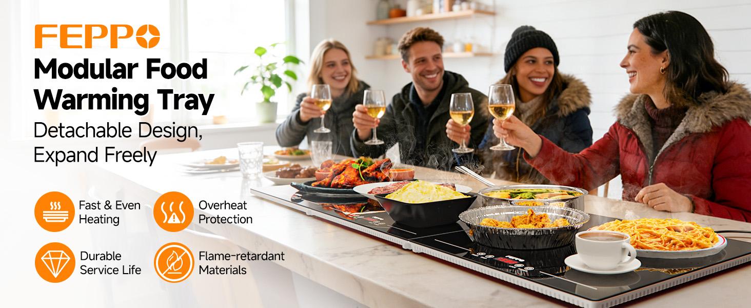 FEPPO 2026 Electric Warming Tray (Extra Long 47”x15”) with Independent Temp & Timer Control, Food Warmers for Parties Buffet with 10 Temp Settings and Timer for Parties Buffet, Gatherings