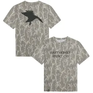 Easy Money Hunt Co Letter Printing Original Bottomland Pattern Mossy Oak Washed Out Camo Tee, Mossy Oak Easy Money Hunt Co Letter Printing Original Bottomland Short Sleeve Camo Shirt