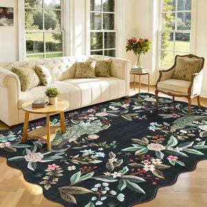 Fan-shaped Washable Peacock Floral Border Rug Large Size Foldable Interior Decorative Rug Girls' Rooms Rug Soft Non-slip and Non-shedding for Dining Room Bedside Living Room Hallway Laundry Room and Children's Room