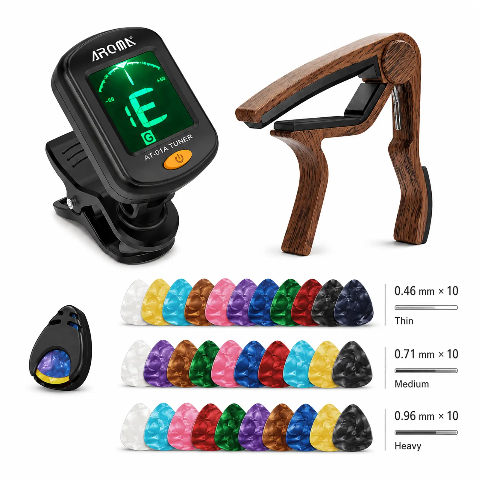 Aroma Clip-On Guitar Tuner & Wood Grain Guitar Capo Accessory Kit, Includes Multi-Thickness Celluloid Guitar Picks and Pick Holder, Complete Starter Set for Acoustic & Electric Guitar, Gift for Beginners & Guitar Players