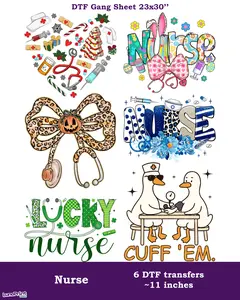 Nurse DTF Gang Sheet: 6 Ready To Press Transfers - 23x30, Full-Color Printing, Next Day Shipping Faux Yarn Gansheet