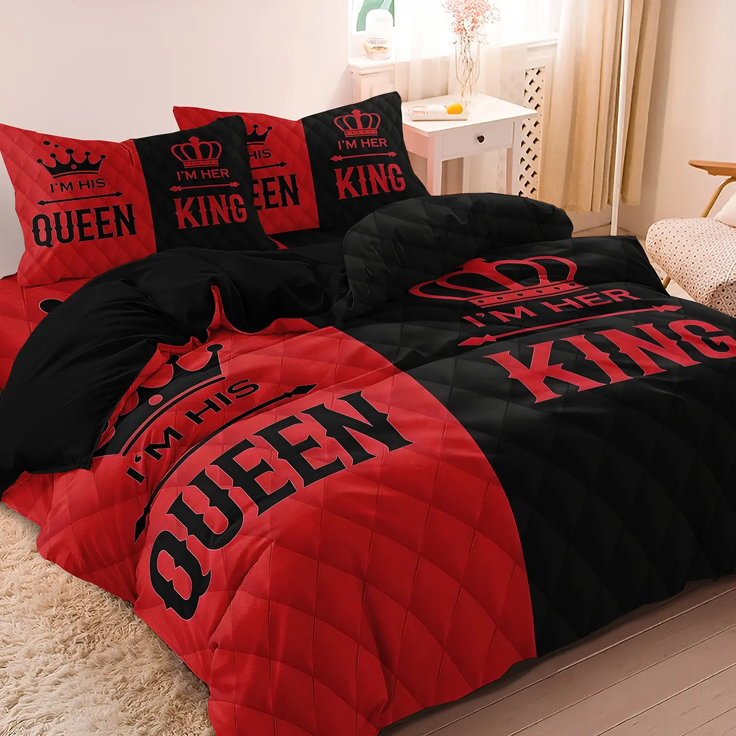 3pcs Regal King Queen Print Bedding Set, Red Black Crown Print Duvet Cover, Romantic Master Bedroom Decor,For Stylish Rooms Bedroom Hotel (Includes 1 Duvet Cover and 2 Pillowcases,No Comforter, No Pillow)