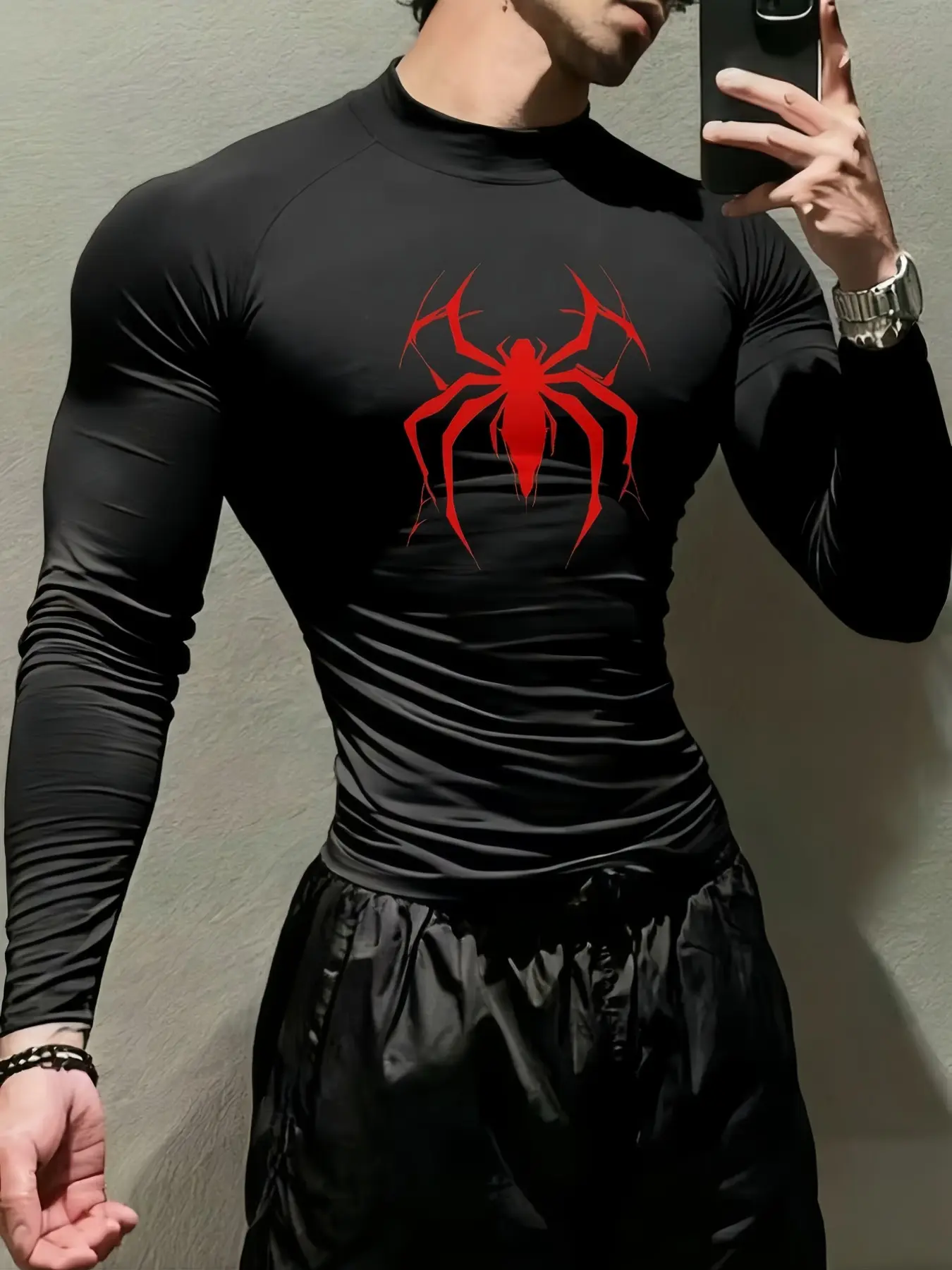 Men's Quick-Dry Stretch Fitness T-Shirt, Spider Print High Neck Long Sleeve Compression Sportswear, Moisture-Wicking Activewear, Ideal for Gym Workouts & Sports Performance, All-Season Gym Tees