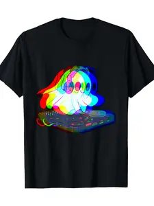 Men'S Neon DJ Graphic T-Shirt - Glowing Techno Music Design with Soundwave & Vinyl Record Print - All-Season Comfort Crew Neck Short Sleeve Tee for Rave Parties, Nightclub Outfits, Casual Wear & Music Events - Machine Washable Black Shirt for Men & Teens,