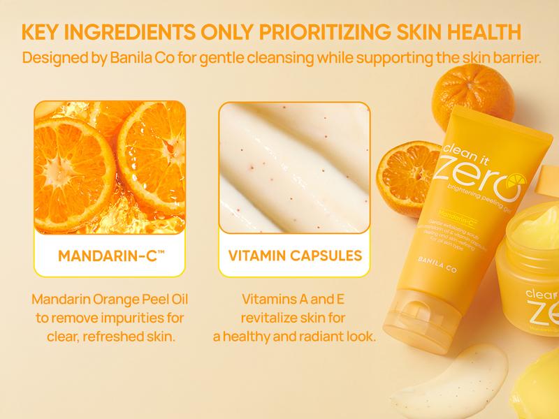 Banila Co Clean It Zero Brightening Peeling Gel Exfoliator 120ML Mandarin-C Extract Hypoallergenic Vegan Lightweight Gel with Vitamin Capsules for Soft Smooth Skin