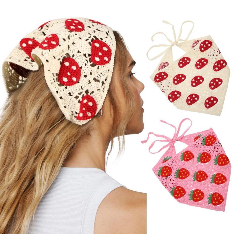 AWAYTR 2Pcs/Set Knitted Bandana Strawberry Mushroom Pattern Head Kerchief Hair Scarf Hair Scarves Crochet headband Tie Back Headwrap