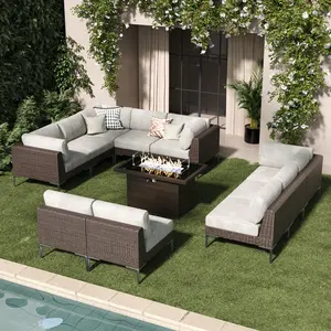 LayinSun 11-Piece Outdoor Modular Wicker Sectional Sofa Set with Fire Pit Table, Patio Furniture Conversation Set with Deep Seating and Thick Cushions