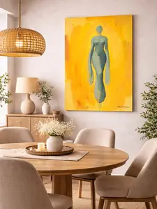 Modern Teal Silhouette on Yellow Canvas Art – Vibrant Abstract Figure Wall Decor | Large Statement Living Room Art | Framed or Unframed | ADWA Studio