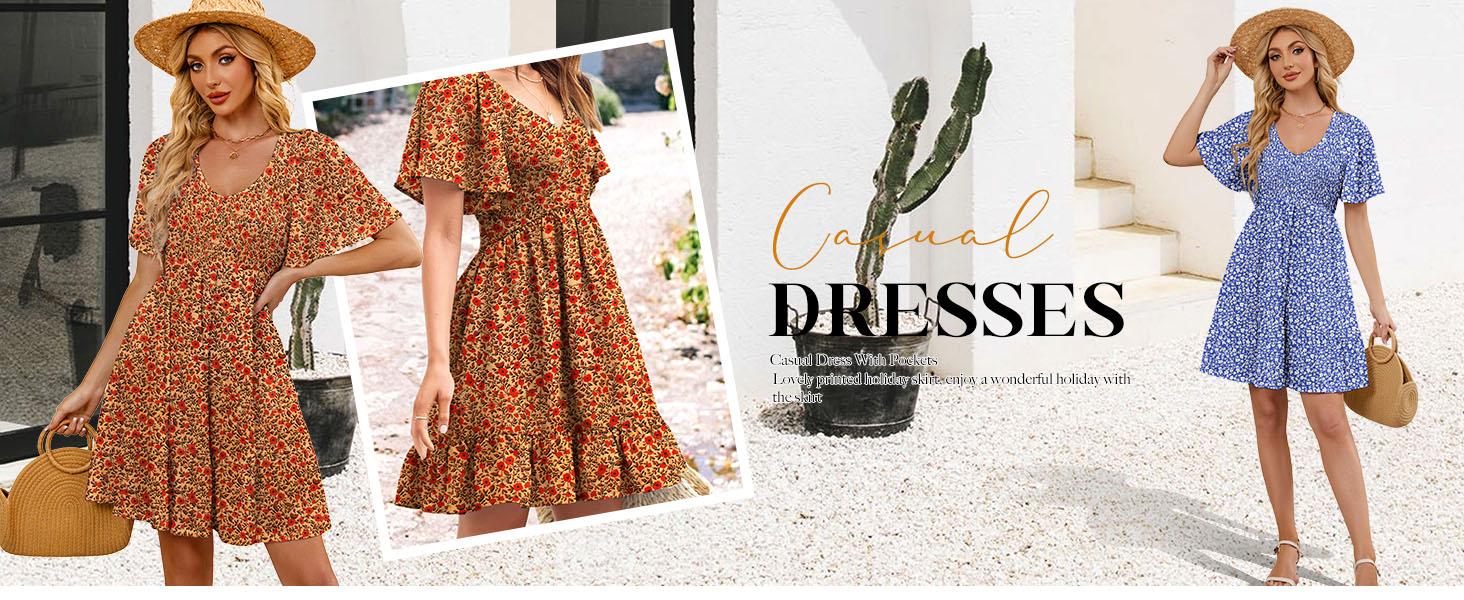 Genleck Women's Summer Floral Print Mini Dress - V Neck Flutter Sleeve Boho Sundress with Pockets for Vacation & Party
