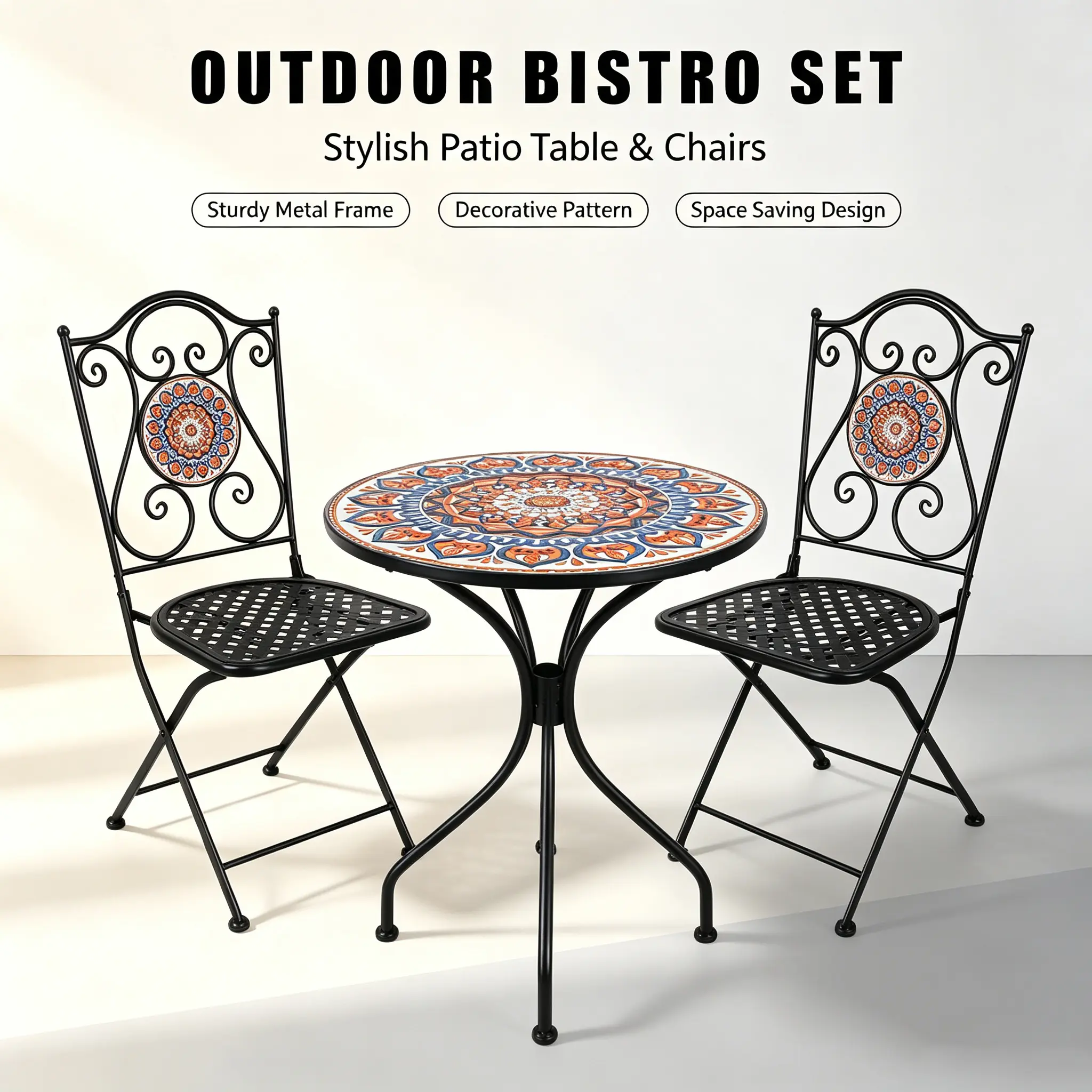 Folding Patio Bistro Set with Mosaic Round Table & 2 Heavy-Duty Stainless Steel Foldable Chairs, Compact Patio Furniture Sets for Small Spaces Deck/Yard