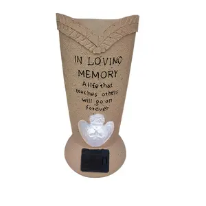 Solar-powered memorial cemetery vase with LED light for fresh or artificial grave decoration; angel statue vase with pointed stake for tombstone decoration