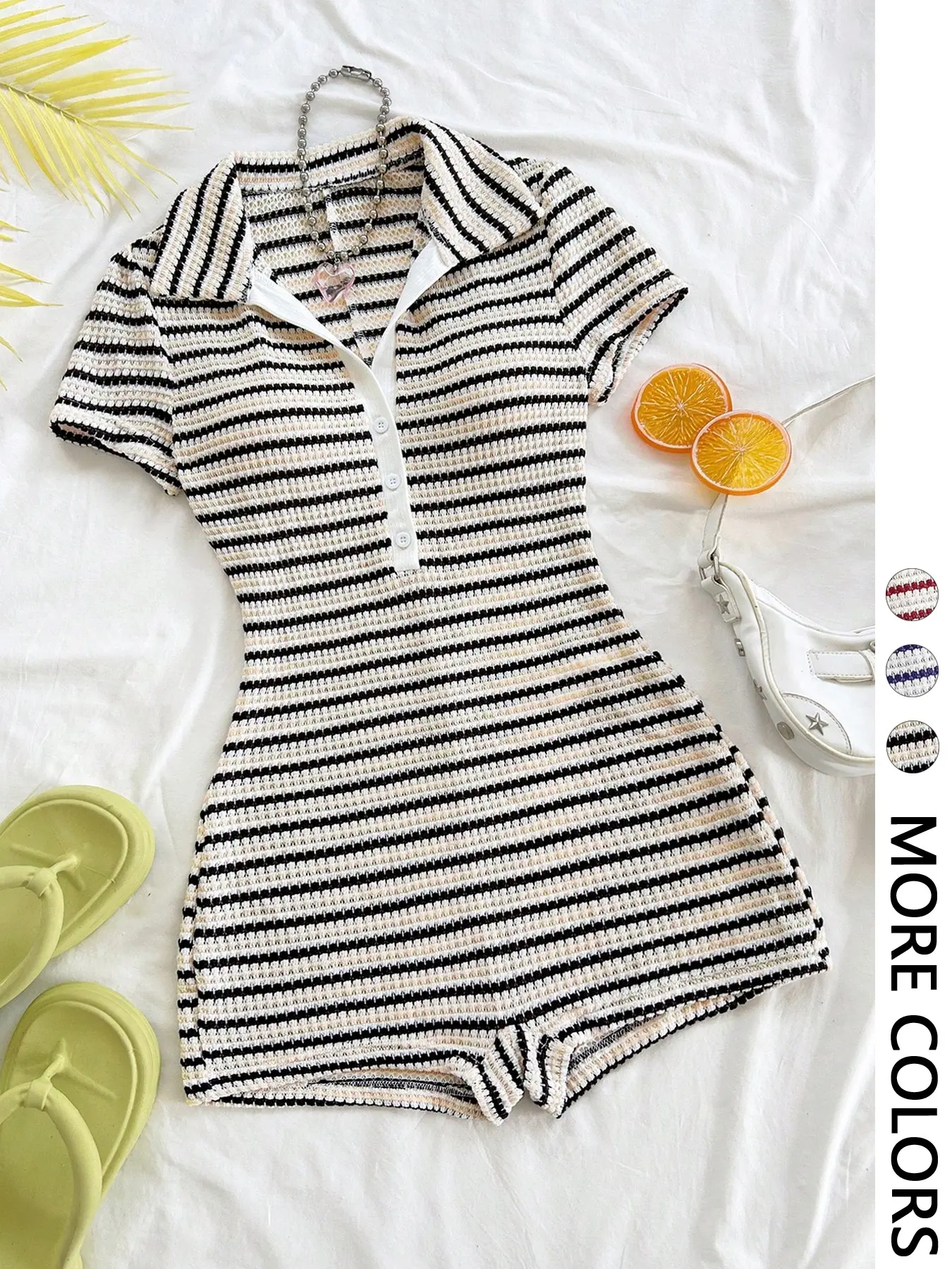 Women's Striped Polo Neck Knit Short Sleeve Jumpsuit, Casual Fitted Holiday Style, Slimming Bodycon, Trendy Ladies' Wear, Casual Jumpsuits