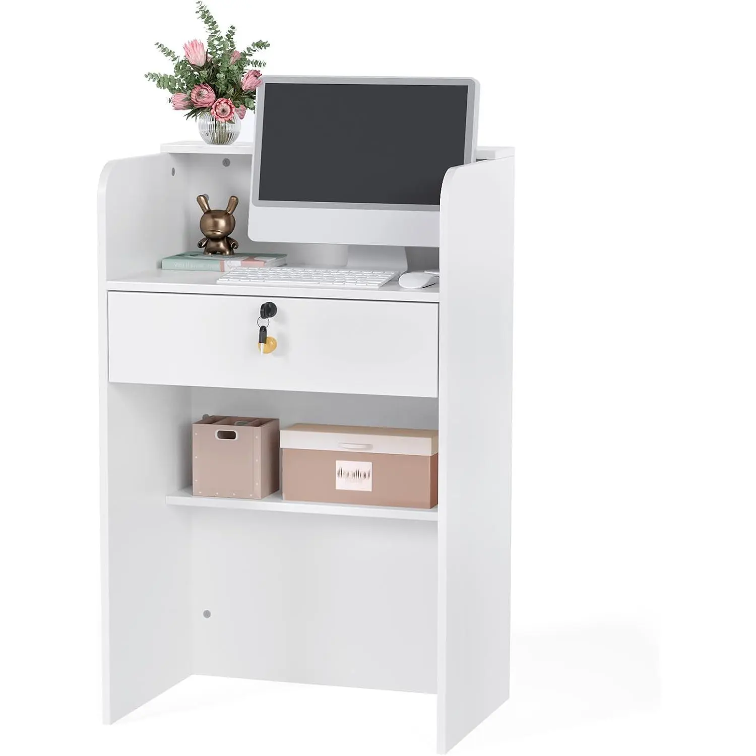 OmySalon Modern Reception Desk with Counter - Lockable Drawer, Wooden Furniture-Style Minimalist Modern Style Desk for Salon Lobby, Office, Home, Furniture-Style Desks, Minimalist Modern Desks