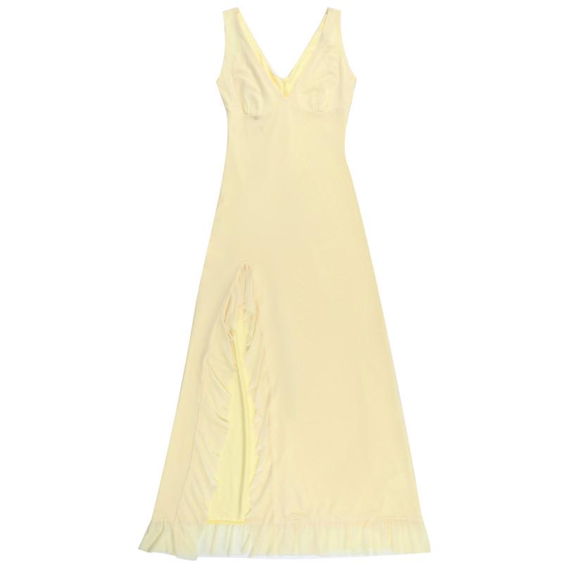 JY24071SKO-Women's Summer Sheer Beach Cover Up Dress Elegant Sleeveless V-Neck Ruffle Trim Split Maxi Gown Lightweight Transparent Mesh Long Dress for Tropical Vacation Poolside and Cruise Wear