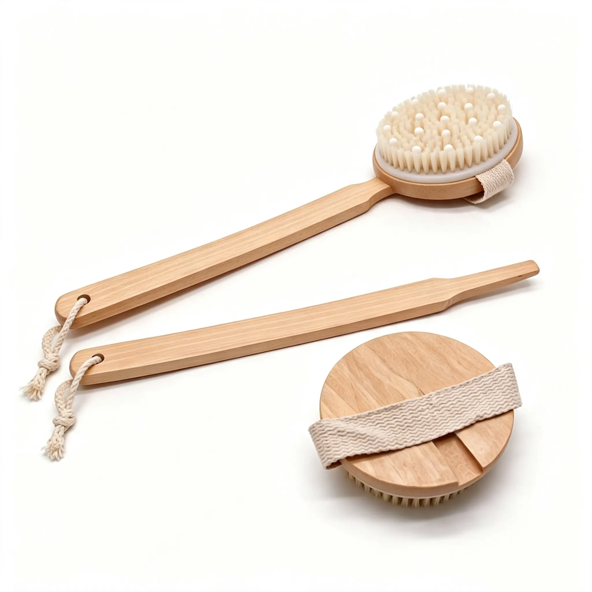 Detachable Curved Long Handle Bath Brush with Boar Bristles – Dry Brushing Body Scrubber, Solid Wood, Exfoliating & Lymphatic Massage Tool with Canvas Strap, for Smoothing & Glowing Skin