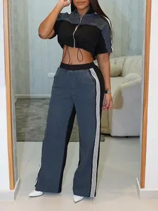 Women's Color Block Crop Jacket and Wide Leg Pants Two Piece Set - Short Sleeve Zip Up Top with Drawstring and Side Stripe Pants for Spring Summer Casual Wear,  Casual,  Matching,  Chic