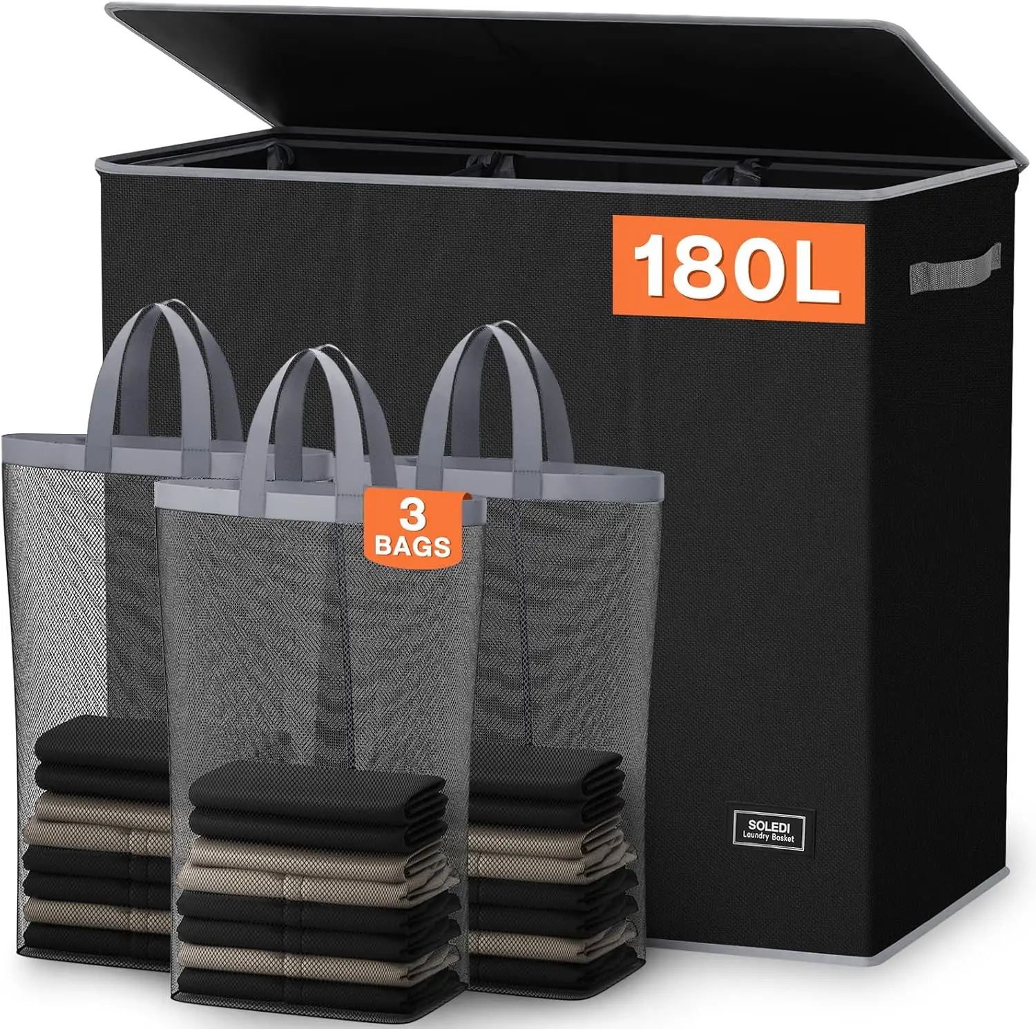 SOLEDI 180L Laundry Hamper 3 Section, Extra Large Laundry Hamper with Lid, Dirty Clothes Hamper with Sturdy Handle, Large Laundry Basket Organizer for Laundry Room, Bedroom, Hampers for Laundry Springtok small room organization products
