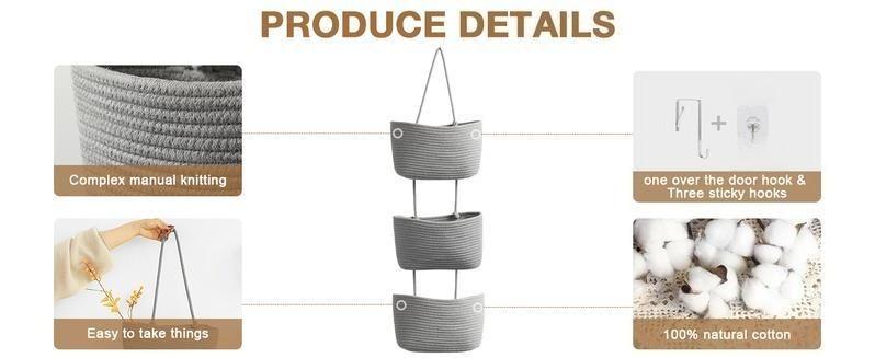 Decorative 3-Tier hanging organizer bag, natural rattan over the door basket – large woven cotton wall-mounted storage, nursery & fall room decor, suitable for renters maximizing space plant hangable laundry basket house organizers