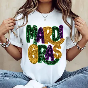 Mardi Gras T-Shirt White Glitter Text Mardi Gras Party Celebration Carnival Festival Wear