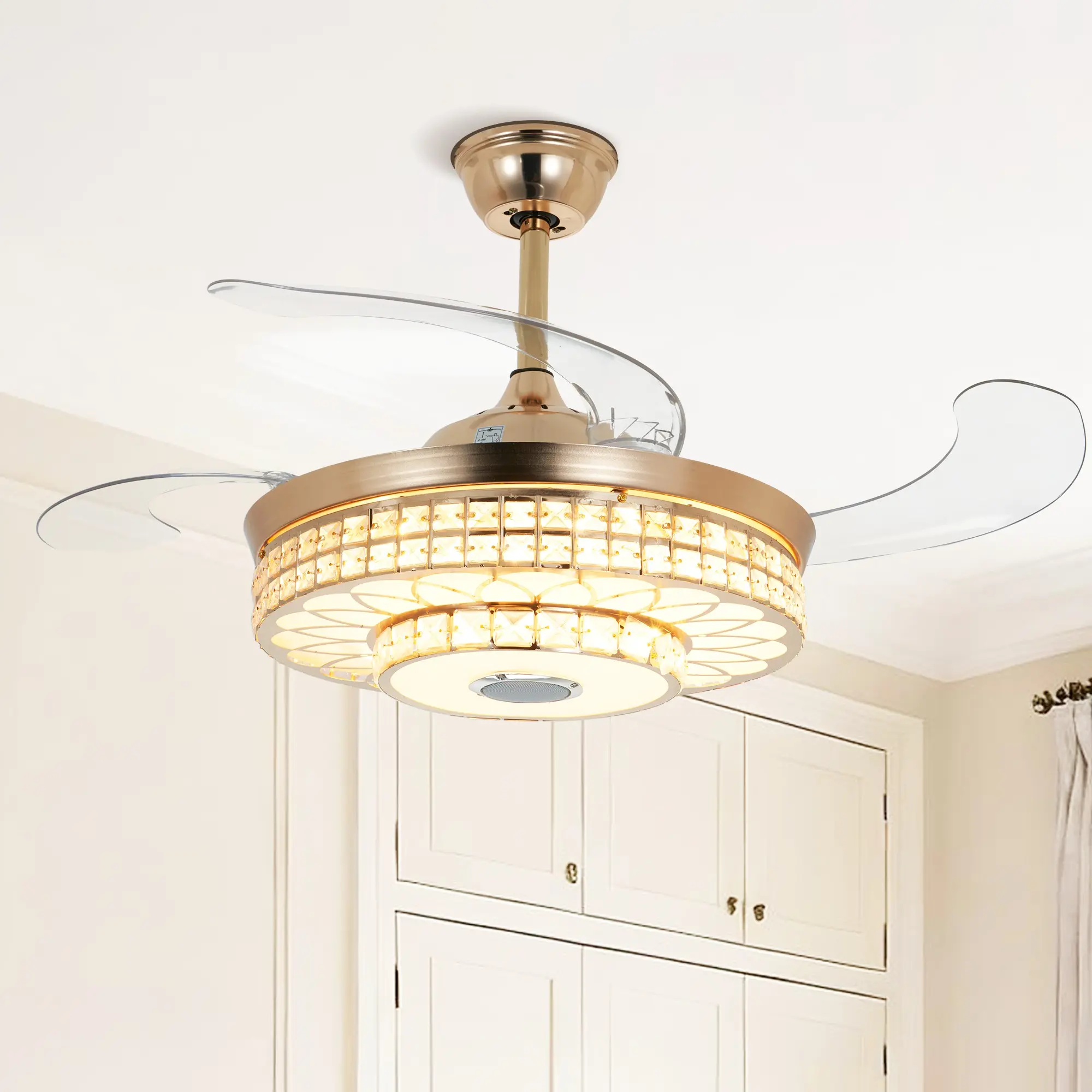 42" Gold Crystal Retractable Ceiling Fan with Light & Bluetooth Speaker 3-Color Dimmable LED Remote Control 110V for Bedroom & Living Room Elegant Design